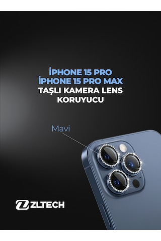 İphone 15pro/15promax Uyumlu Taşlı Kamera Lens Koruyucu Mavi