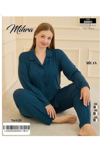 Mihra Kadın Milan Büyük Beden Gömlek Yaka Uzun Kol İnce Pijama Takımı 50801p- 1 Adet Petrol