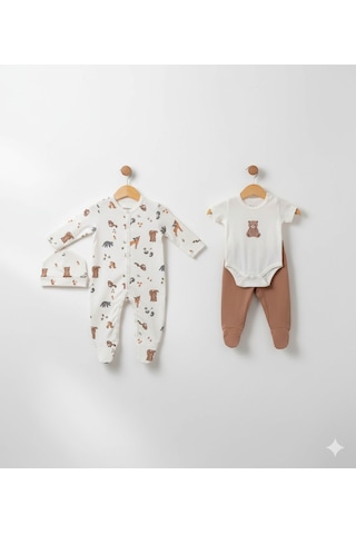 Erkek Bebek 4'lü Baskılı Takım 1-3 / 3-6 Ay Kahverengi