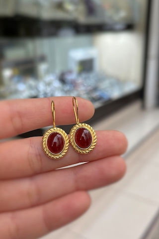 Gümüş Sallantılı Akik Taşlı Altın Kaplama Küpe Hs853b2 Sarı