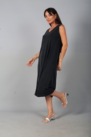 By Saygı Kadın V Yaka Ön Pervazlı Pike Kumaş Kolsuz Oversize Midi Elbise Siyah