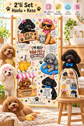 Kedi & Köpek Kurulama Havluları Poodle Mix - Köpek Desenli Büyük Boy Hızlı Kuruyan 60x120cm