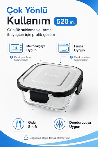 520 Ml Kilitli Cam Saklama Kabı İnoks Kapaklı Yemek Ve Kahvaltılık Kabı Şeffaf