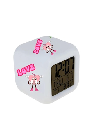 Love Tasarımlı 7 Renk Değiştiren Led Küp Dijital Saat Dekoratif Işıklı Masa Saati Beyaz