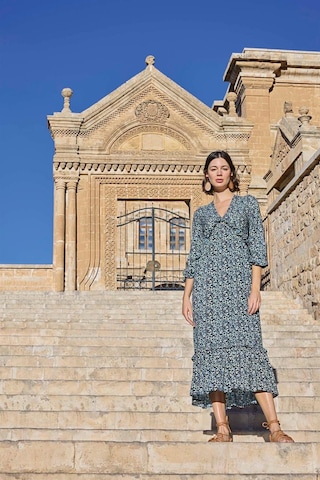 Monamise Çiçek Desenli Truvakar Kollu Elbise Lacivert