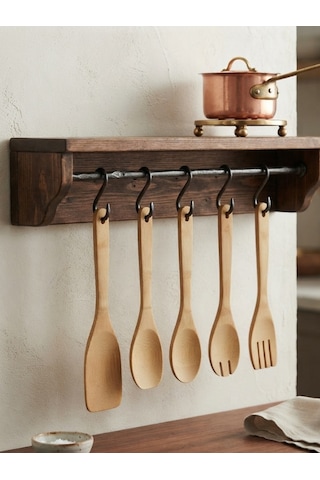 Mucit Home Bambu 5 Parça Yemek Pişirme Servis Spatula Seti Ahşap Spatula Seti Asılabilir Çok Renkli