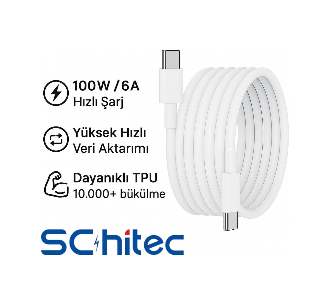 Schitec 6a 100w Type-c To Type-c Hızlı Data Ve Süper Şarj Kablosu 2 Metre Beyaz Sx20