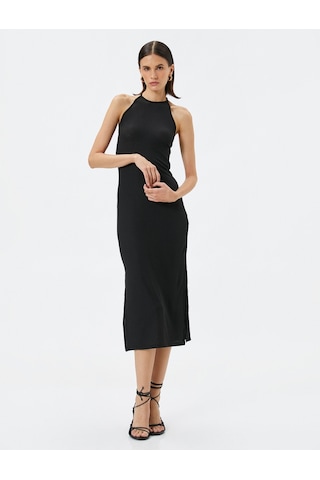 Koton Triko Elbise Midi Halter Yaka Yırtmaçlı Siyah 4sak80019ek 4SAK80019EK999