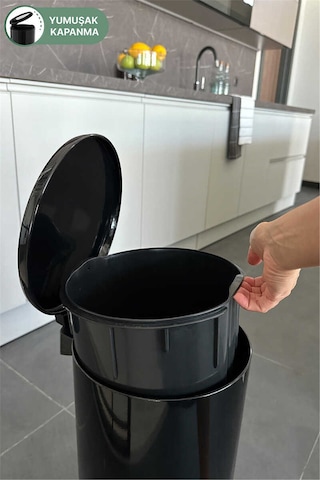 Cigo 20 Lt Yumuşak Kapanan Pedallı Banyo Mutfak Ofis Çelik Çöp Kovası - Siyah & İç Kısım Siyah-7306