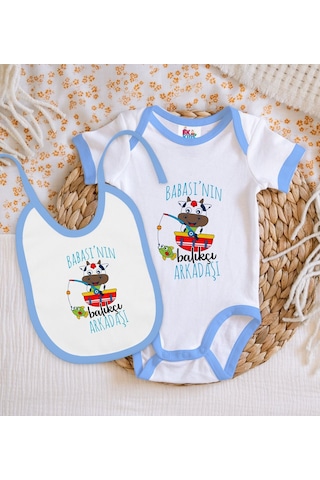 Bk Kids Babasının Balıkçı Arkadaşı Tasarımlı Mavi Bebek Body Zıbı Çok Renkli