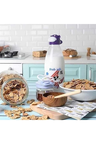 Inek Tasarımlı Sevimli Cam Suluk - Süt Şişesi 1000  Ml