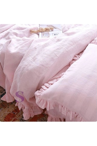 % 100 Pamuk Pembe Fırfırlı Keten Çift Kişilik Nevresim Takımı 200 X220 Pembe