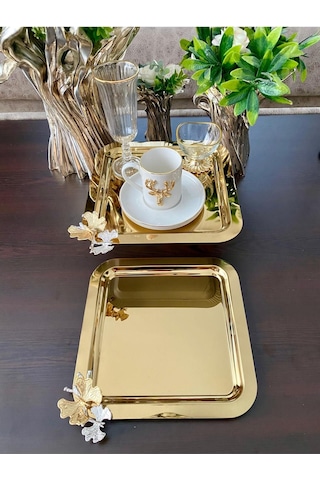 Atabey Home Collection 2 Adet Kahve & Çay & Sunum Tepsisi Gold Tepsi Kelebek Dökümlü