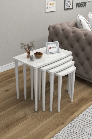 Renlife 4 Lü Ahşap Zigon Sehpa Takımı Beyaz Lake Boyalı Beyaz Beyaz Ayaklı Boyalı