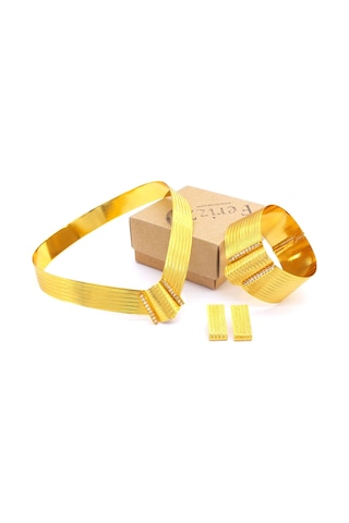 Ferizz Altın Kaplama Trabzon Hasır Kolye, Küpe, Kelepçe Set Altın