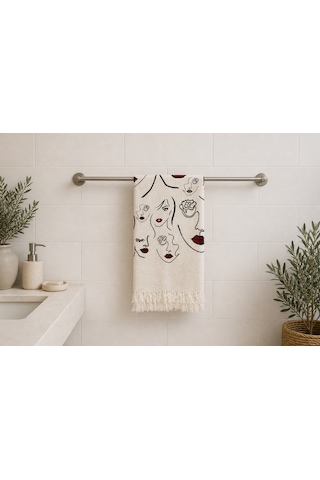 Kadın Peştamal - Muslin %100 Pamuk- 100x180- Aquatolia Peştemal- Plaj Havlusu- Kadın Yüzü Desen Ekru