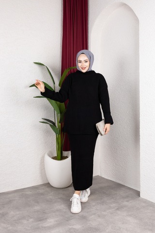 Hira Life Fashion Kadın Bel Lastikli Kolu Katlı Ve Kalem Etek İle Tunik Triko İkili Alt-üst Takım Siyah Siyah