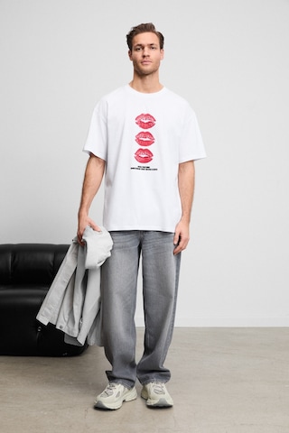Grimelange Gıano Erkek Organik Pamuklu Bisiklet Yakalı Baskı Detaylı Oversıze Beyaz T-shirt Beyaz