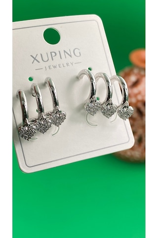 Xuping Gümüş Renk Kalpli 3 Lü Model Kadın Küpe Gümüş