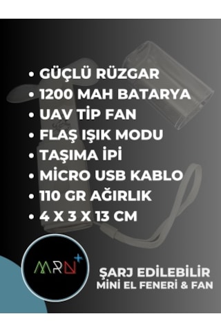 Mirvano Şarjlı Led El Feneri Ve Fan, El Fanı, Mini Fan, Mini Vantilatör Beyaz