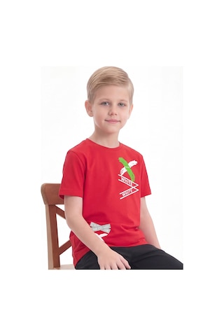 Panios Kids White Yazı Baskılı Yuvarlak Yaka Kısa Kollu Erkek Çocuk Yazlık Tişört Kırmızı