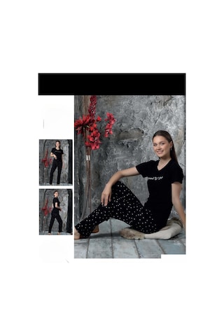 Sude Charme Kadın Milan Bisiklet Yaka Kısa Kol Pijama Takımı P300/396- 1 Adet Siyah
