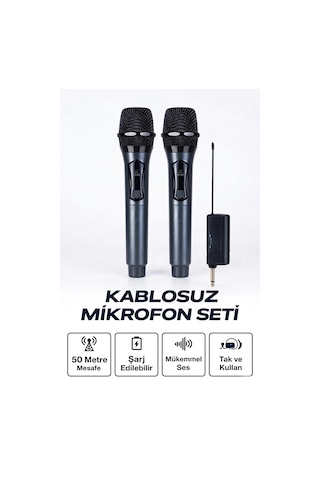 Profesyonel Çiftli Kablosuz Mikrofon Seti Karaoke Şarj Edilebilir 50 Metre
