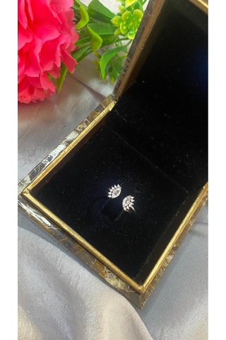 Melek Kanadı Zirkon Taşlı Yüzük Gümüş Renk Çelik Gold - Gümüş