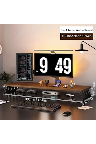 Motion003 Ergonomik Ahşap Monitör Standı Siyah Çerçeve Ceviz Tahtası 60 Cm Büyük Çift Ekran Masa Rafı L Şeklinde Bacaklı Laptop Yükseltici
