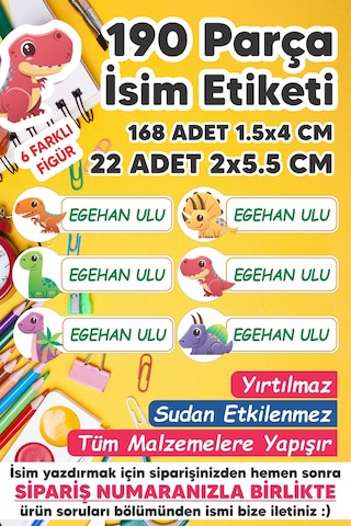 Okul Etiketi Kalem Defter Etiketi Dinazor Özel Isim Yazılabilen Etiket - 190 Adet