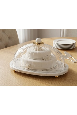 Oval 35cm Cam Kapaklı Mermer Beyaz