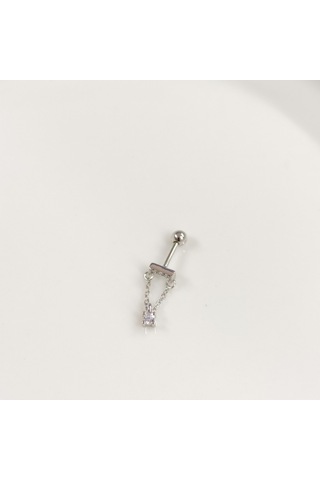 Sallantılı Zincirli Tek Taş Gümüş Tragus Pıercıng - Rodyum Beyaz Beyaz