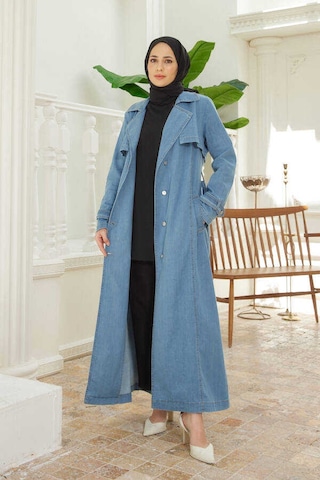 Neways 6458-Battal Allerli Denim Trençkot Mavi Mavi