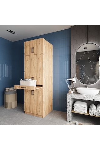 Piramit Çamaşır Ve Kurutma Makinesi Dolabı Banyo Dolabı Çam Çam