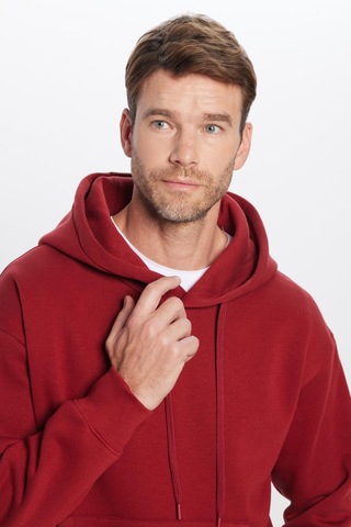 Tudors Unisex Oversize Geniş Kesim Pamuklu Yumuşak Dokulu İçi Polarlı Basic Bordo Kapüşonlu Sweatshirt-31468 Bordo