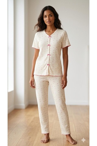 Sleeproom Yazlık Ekru Fuşya Yıldız Desenli Kısa Kol Penye %100 Pamuk Pijama Takım
