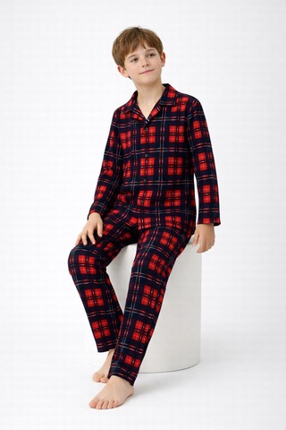 Free Beka Lacivert Ekose Desenli Uzun Kollu Gömlek Yaka Düğmeli Erkek Çocuk Pijama Takımı Kırmızı