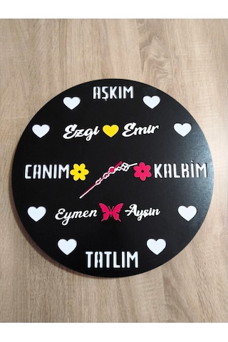 Sevgili-aşk-saadet-mutluluk Kişiye Özel İsim Yazılı Duvar Saati Siyah