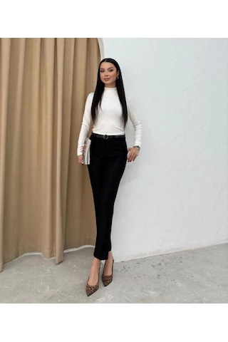 İs Berceste Siyah Kemerli Dabıl Kumaş Havuç Pantalon Siyah