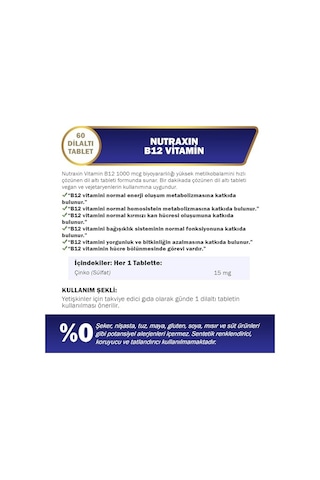 Nutraxin B12 Vitamin 1000 Mcg 60 Tablet Takviye Edici Gıda