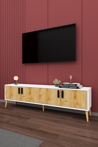 Asra Trend Tv Ünitesi T-02 %100 MDF 160 cm Tv Sehpası 4 Kapaklı Raflı Beyaz-Safir Meşe