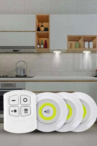 Yapışkanlı 3'lü Spot Led Işık Lamba Montajsız Pilli Uzaktan Kumandalı Çok Renkli