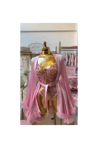 Mh Moony Homewears Pembe Saten Sabahlık Çiçekli Tulum Pembe