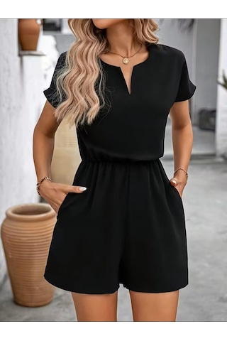 Efnaz Style Kadın Kısa Kollu V Yakalı Beli Lastikli Kısa Ithal Krep Tulum Siyah