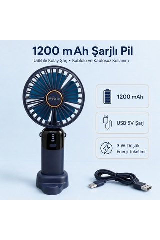 Şarjlı El Vantilatörü 5 Kademeli, Katlanabilir Dijital Ekranlı Mini El Fanı, 1200 Mah, 5 Pervaneli Güçlü Hava Akışı, Standlı Masaüstü Fan, Usb Şarjlı - Lacivert