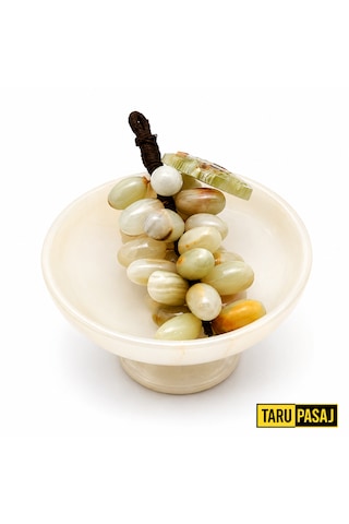 Feng Shui Bereket Üzümü Ve Van Taşı Ayaklı Çanak Seti 30 Taneli Doğal Taş Üzüm Salkımı Dekor 5 İnç El Yapımı Çanak Bej