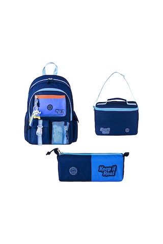 Muggle 3 Bölmeli Deep Blue Okul Sırt Çantası + Beslenme Çantası + Kalemlik Mavi