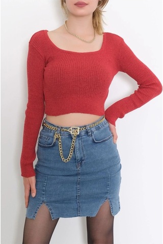 Bigümex Kare Yaka Uzun Kollu Crop Bluz, Parmak Geçmeli Kırmızı