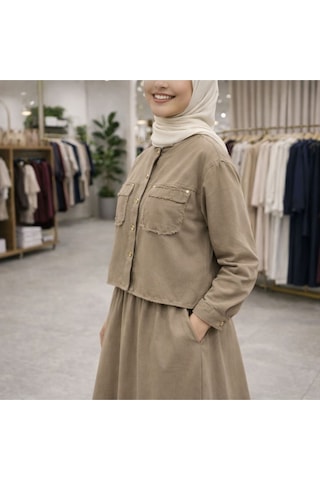 Esra Butik78 Gabardin Kumaş Gizli Cepli İkili Takım Uzun Etekli Tesettür Şık Rahat Kombin Kahverengi