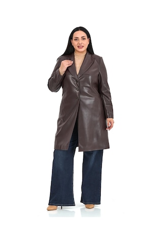 Büyük Beden Cepli Düğme Kapamalı Astarlı Suni Deri Koyu Kahverengi Kaban Koyu Kahverengi